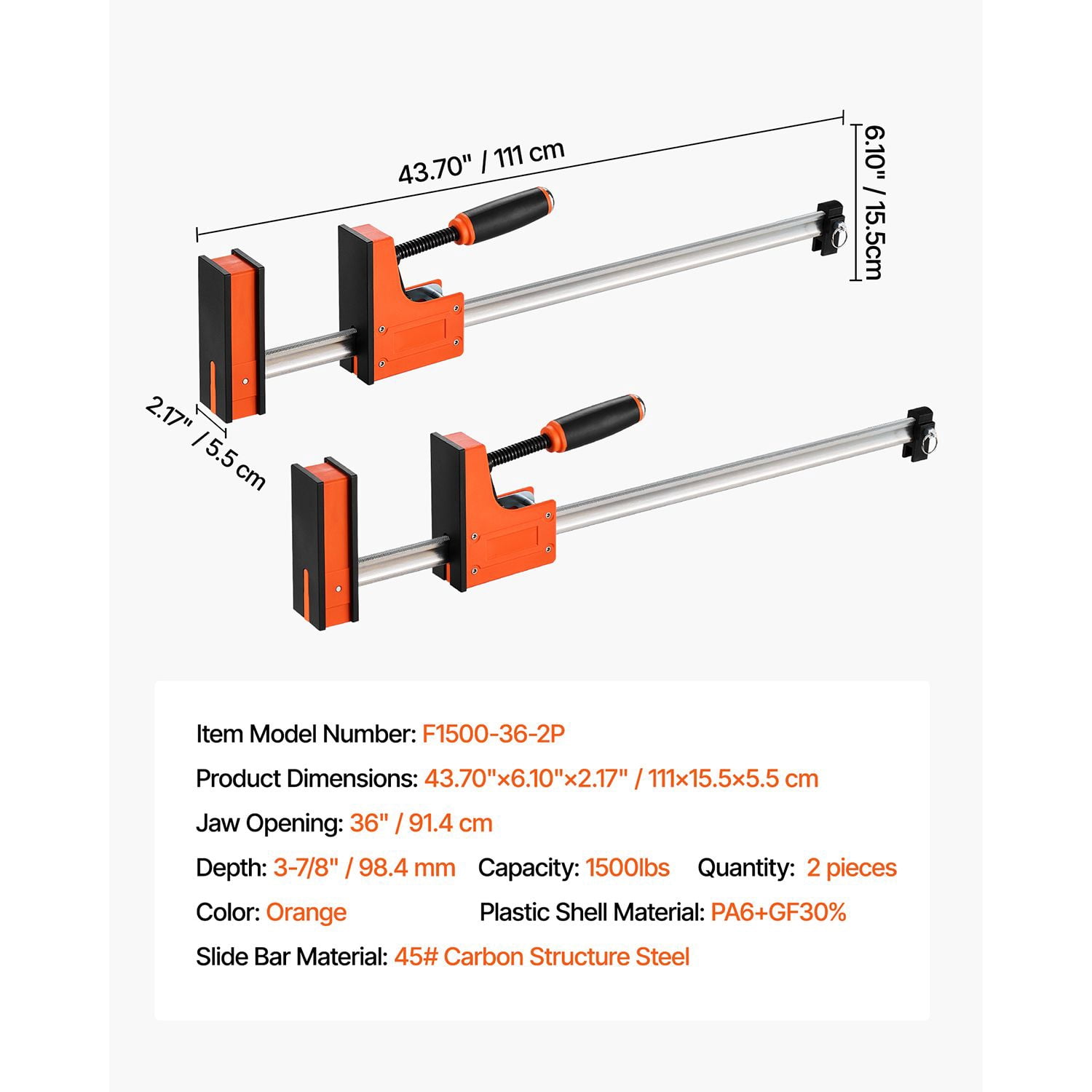 Dranite Bar Clamps, 2-Pack 36 inch, Heavy Duty Parallel F-Clamps with 1500 lbs Load, High-Strength Plastic & Carbon Steel for Woodworking and Metalworking, Orange