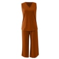 thumbnail image 4 of BLOCLOALO 2 Piece Lounge Set Sleeveless Tops Womens Daily Casual 2 Piece Solid Tank Tops Wide Leg Pants Outfits Sets Tunic Tops V Neck Blouses Travel Outfits for Women Orange L, 4 of 6