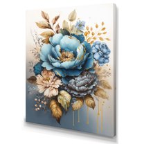 Designart Blue And Gold Mixed Floral Bouquet IV Canvas Wall Art