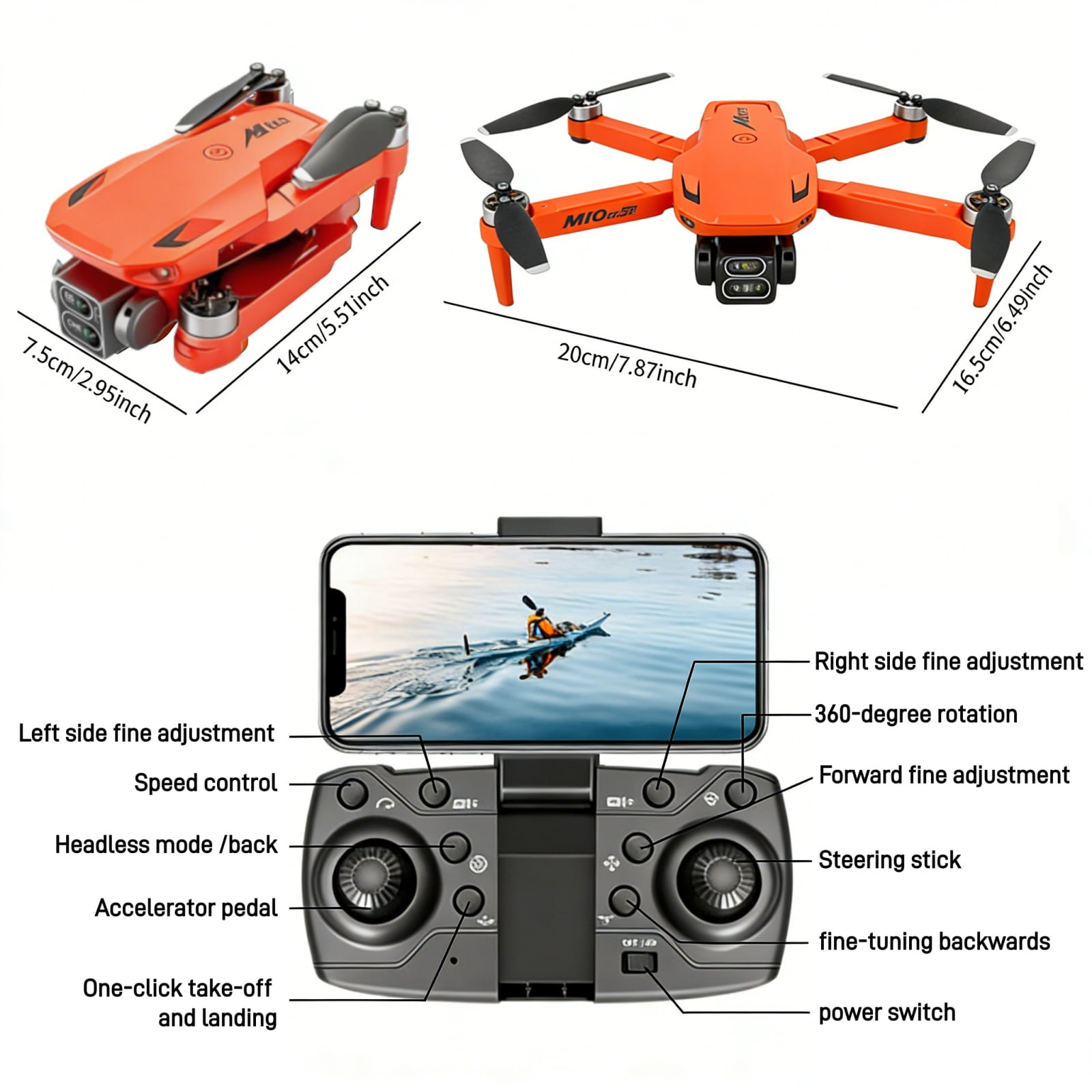 Foldable Dual-Camera Drone with Brushless Motor, Optical Flow Positioning, 4K HD FPV, Long Flight Time with 2 Batteries, Remote Control – Orange.