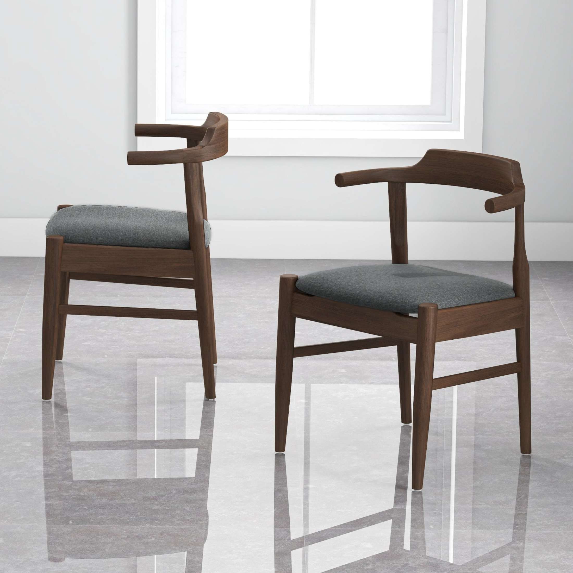 Noble House Ellery Leon Dining Chair Set, Mid-Century Modern Solid Wood Frame with Fabric Upholstery, Set of 2, Light Gray and Brown