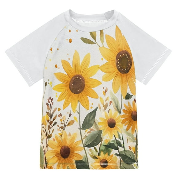 FORMRS Boys Rash Guard Short Sleeves Swim Shirt Quick Dry UPF 50  Sun Protection, Sizes 3-12T, Beige Sunflowers