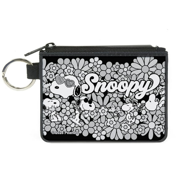 Peanuts Wallet, Coin Purse, Snoopy Poses and Daisy Flowers Collage Black Grays White, Canvas
