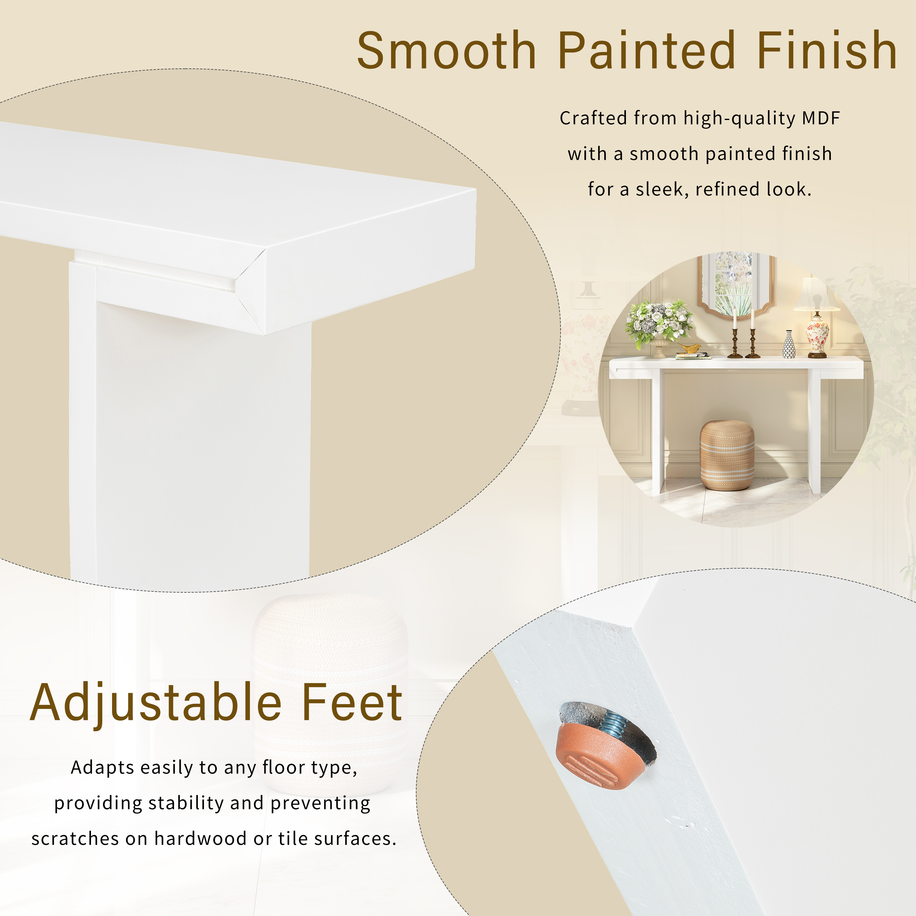 Euroco 60 Inch Long Console Table, Modern Entryway Table with Adjustable Feet & Painted Finish, Suitable for Living Room, Hallway,Entryway,Foyer,White