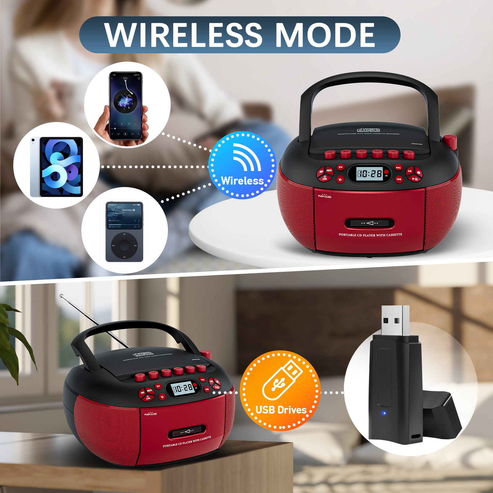 LC-dolida CD Player Boombox, Portable Cassette Player Combo with Bluetooth CD MP3 CD-R CD-R FA Radio AC/DC Powered with Remote Control, Stereo Sound for Home, Kids ,Outdoor, Gift(Red)