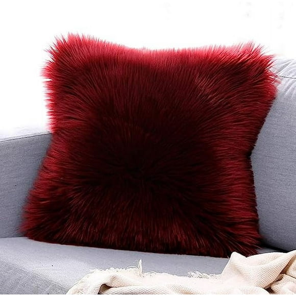 Namzi Double-Sided Faux Fur Sheepskin Decorative Throw Pillow Cover Luxury Super Soft Plush Cushion Case for Sofa or Bed (18"x18",Wine Red)