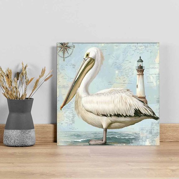 Vintage Nautical Coastal Wall Art Painting on Canvas, Summer Bird Ocean Wave Canvas Art Home Prints Wall Art Framed Modern Artwork for Living Room Bedroom Wall Decor 12x12in