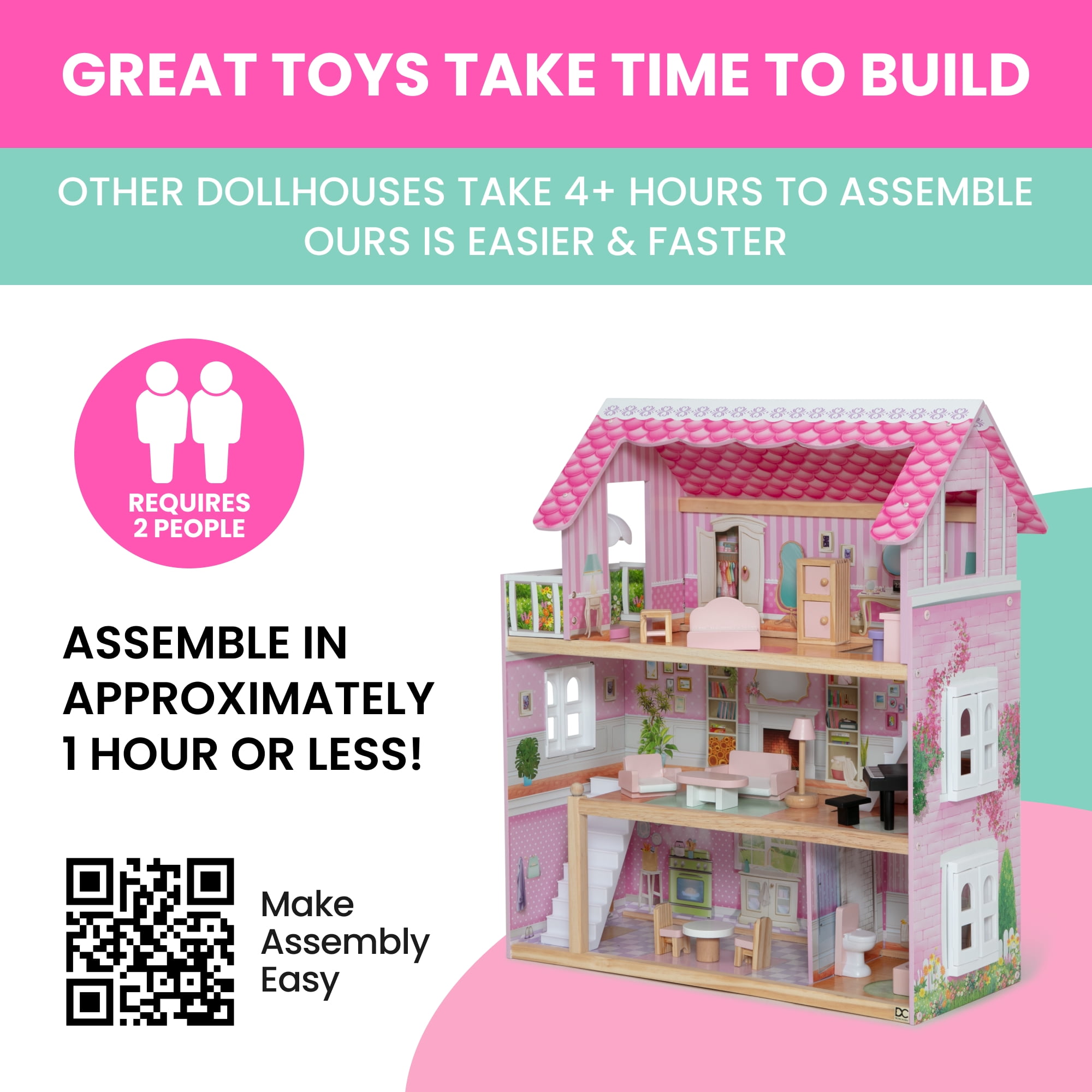 Delta Children Little Gem Dollhouse - Wooden 3-Story Dollhouse with 4 Rooms - Includes 16 Accessories - Fits 5-inch Dolls - Pretend Play Dream Gift for Ages 3+