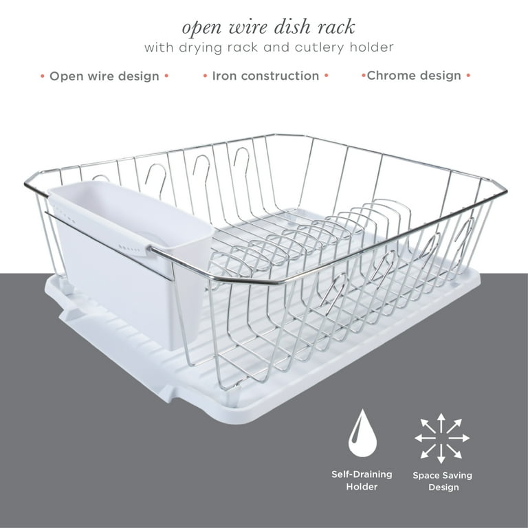 Sky Blue Plastic Dish Drainer - Plate Drying Rack with Cutlery