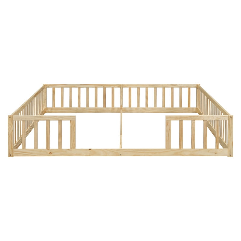 Mirightone Montessori Double Floor Bed for 2, Wood Twin Size Floor bed Frame with Guardrails for Sibling (Natuarl)