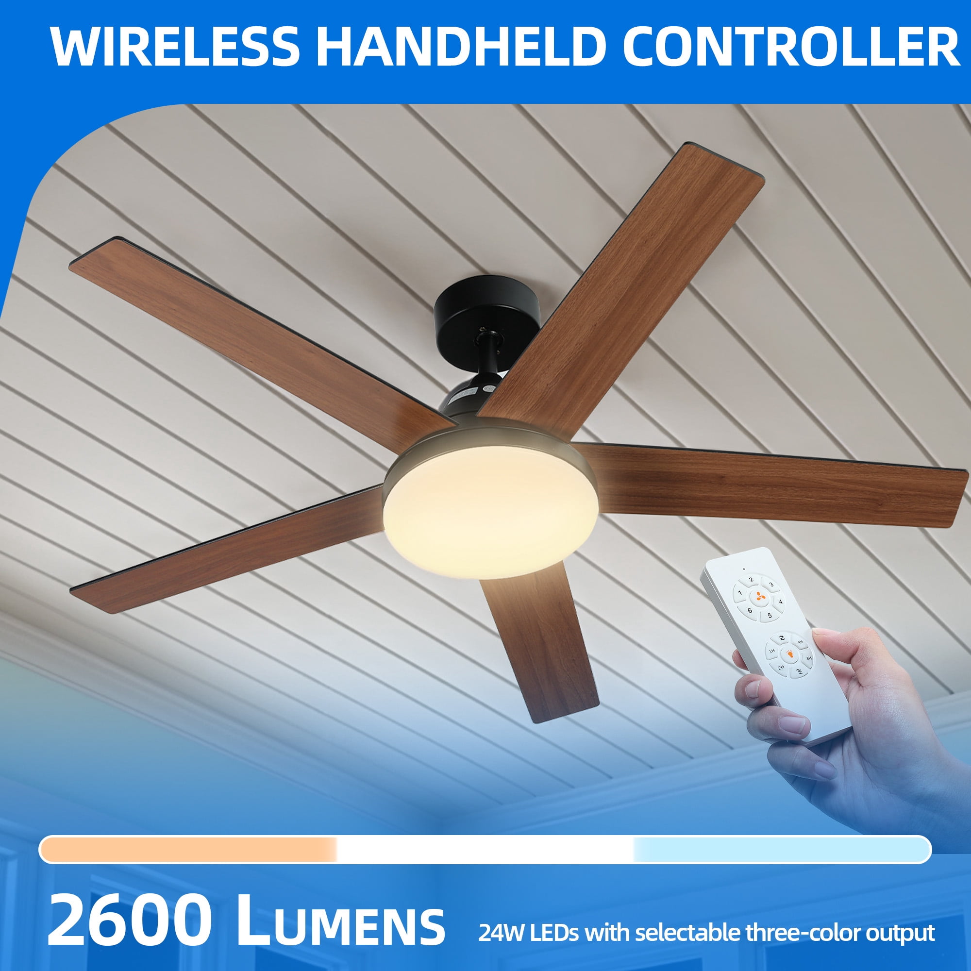 Dextrus 52" Ceiling Fan with Light and Remote Control, Modern Ceiling Fan with 6-Speed Quiet  DC Motor 5 Fan Blades - Black & Walnut