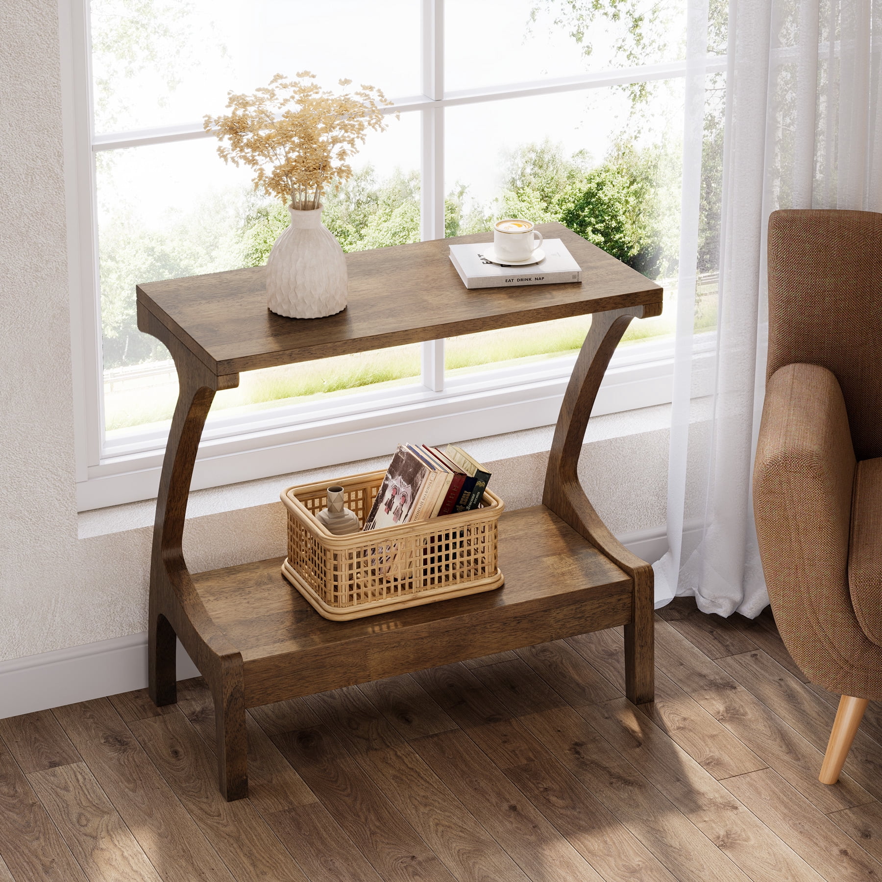 TRIBEWOOD Solid Wood End Table with 2-Tier Storage, Narrow Side Table for Sofa, Brown