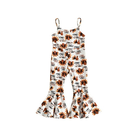 

AmShibel Thanksgiving Baby Girl Sleeveless Jumpsuit Turkey Lettering Pattern Print Sling Straps High Waist One-Piece Romper Bodysuit