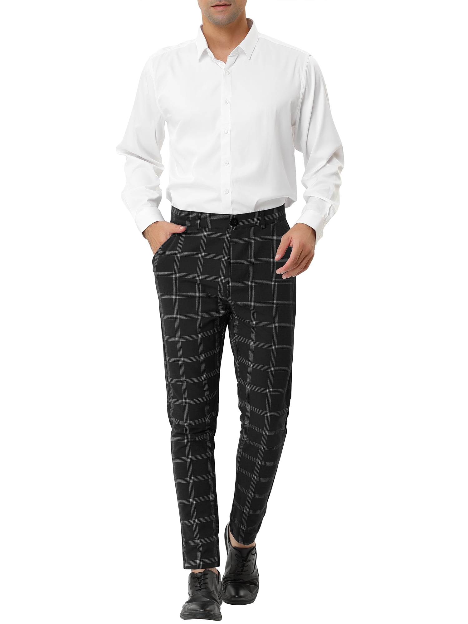 Unique Bargains Men's Plaid Pattern Slim Fit Flat Front Business Pants with Pockets 36 Black