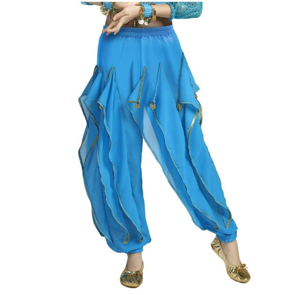 TEAJOPSUU Girl's Harem Dance Pants High Waisted Tribal Pants Soft Gold Trim Sequin Stage Performance Pants Ankle Tied Pants B-Sky Blue