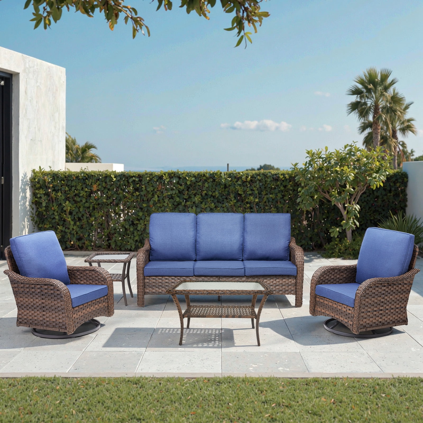 Outdoor Swivel Rocker Patio Chairs Set,5 Piece Furniture Set with 2 Swivel Rocking Chairs, 3-Seat Sofa, Coffee Table & Side Table All Weather Wicker Conversation Set for Porch Deck Garden Backyard