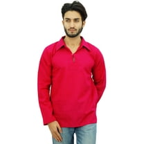Atasi Ethnic Men's Short Kurta Full Sleeve Collar Neck Cotton Fuchsia Shirt-Small