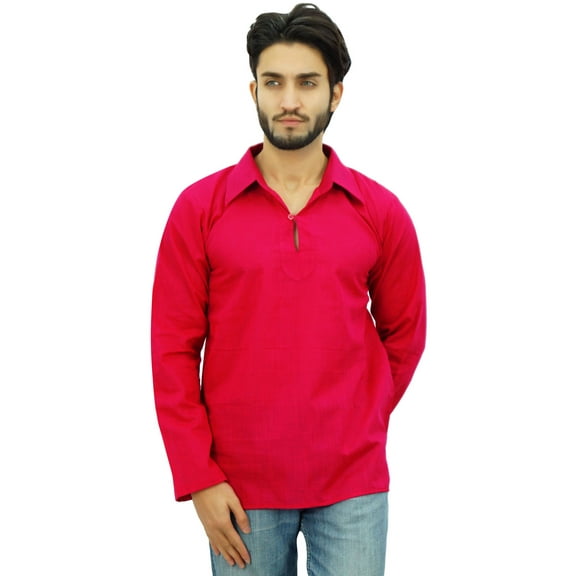 Atasi Ethnic Men's Short Kurta Full Sleeve Collar Neck Cotton Fuchsia Shirt-Small