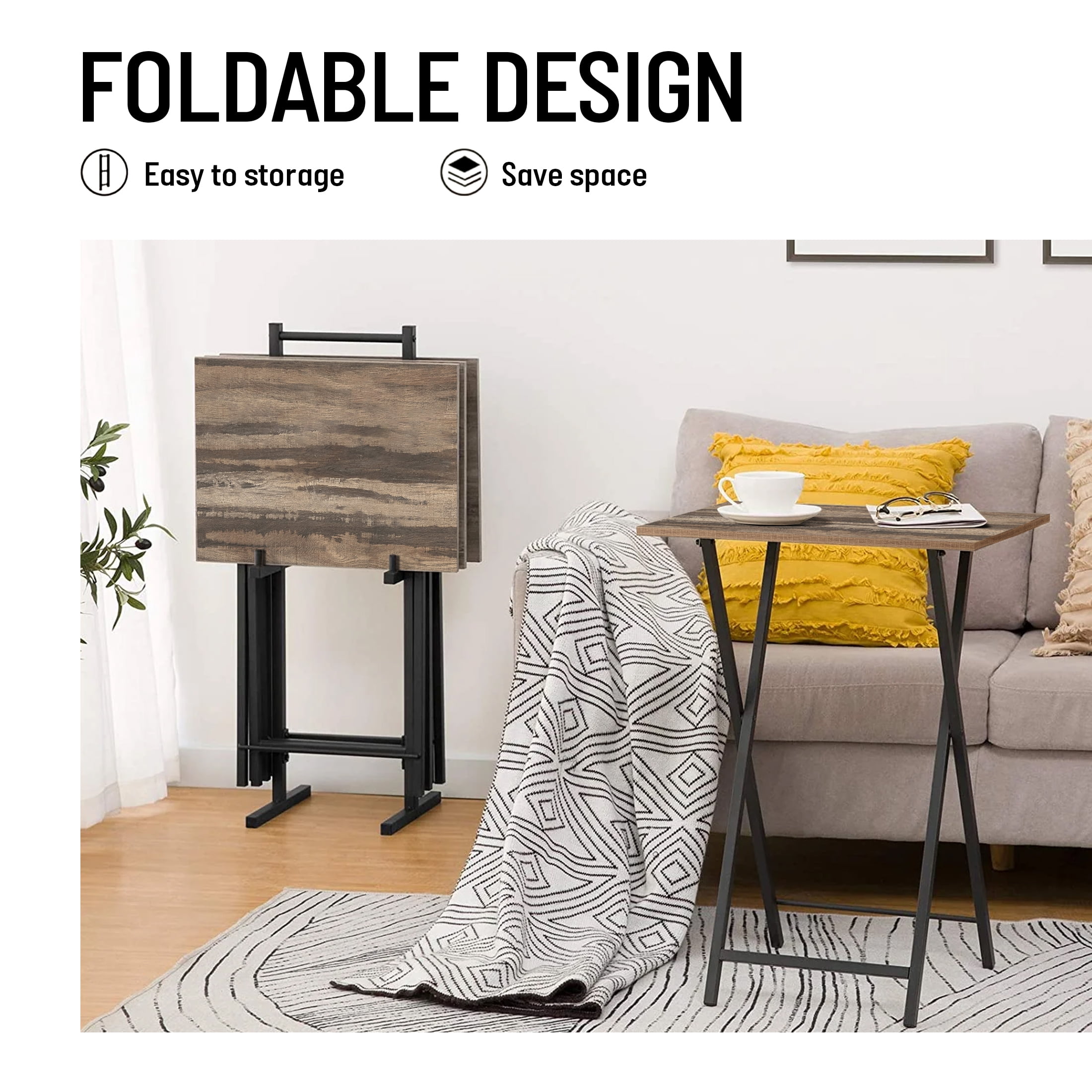 Aukfa TV Tray Table Set of 4, Folding Table, Industrial Side Table for Small Spaces, Space-Saving, Rustic Brown