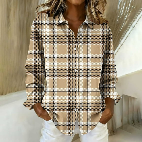 YHAJDS Womens Tops Plaid Print Breasted Long Sleeve Spring Summer Casual Shirt