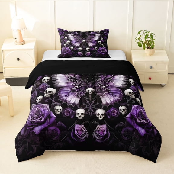 Homewish Halloween Horror Skull Twin Comforter Sets,Purple Rose Butterfly Bedding Set,Black Reversible,2 Pieces,1 Comforter and 1 Pillowcase