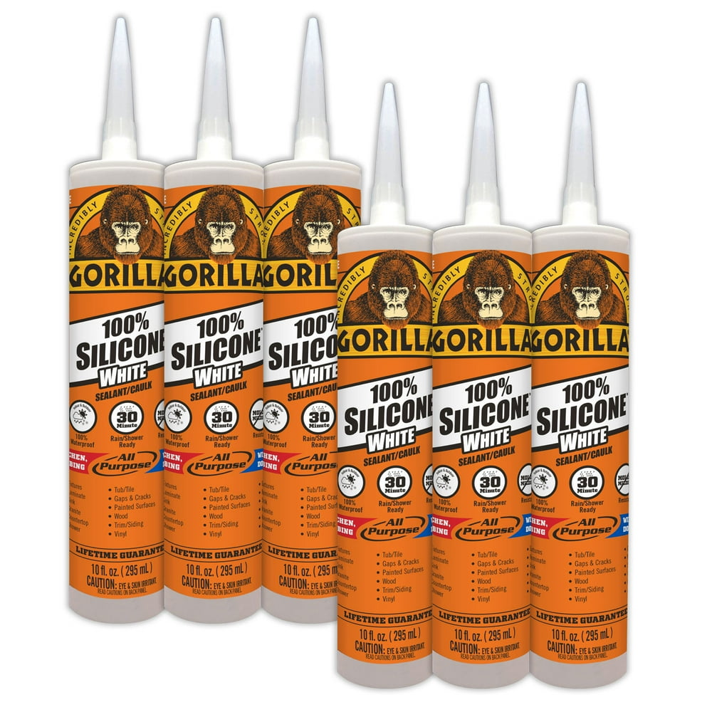 Gorilla 10 Ounce Cartridge White 100 Silicone Sealant, 6 Pack