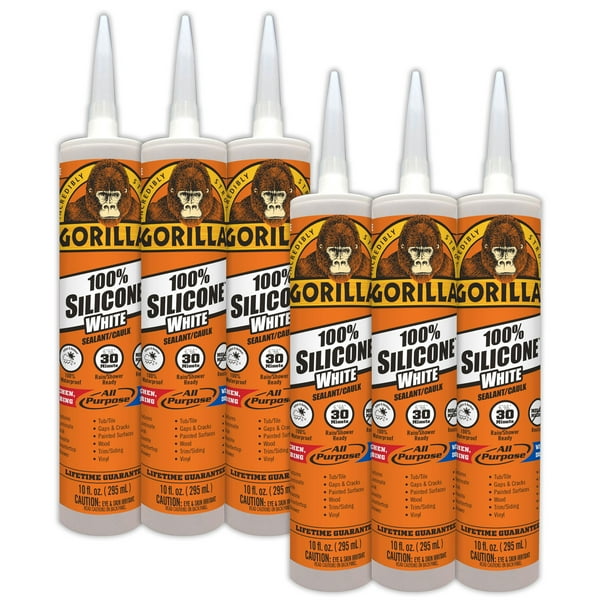 Gorilla 10 ounce Cartridge White 100 Silicone Sealant, 6 Pack