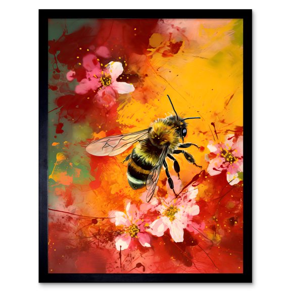 Honey Bee on Abstract Flower Bed Oil Painting Art Print Framed Poster Wall Decor 12x16 inch
