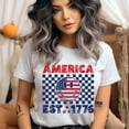 thumbnail image 2 of America EST 1776 Smiley Face Shirt – USA Flag Checkerboard Patriotic Tee, Heliconia, Size L, 2 of 6