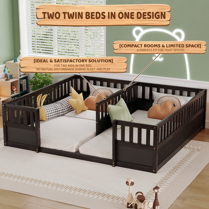 Twin Size Horizontal Floor Bunk Bed Frame with Semi-Enclosed Safety Guardrails, Wood Low Profile Kids Bed with Open Entrance