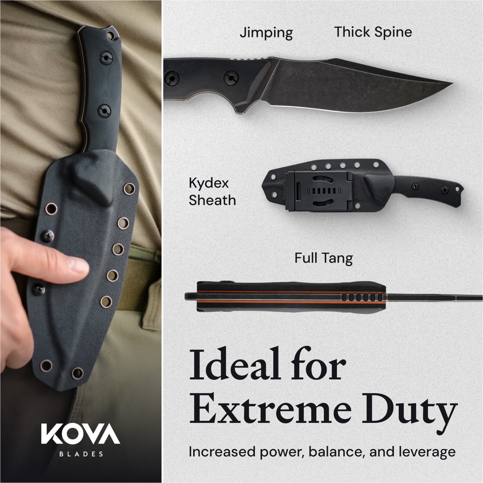 Kova Onyx Tactical Fixed Blade Knife – 4.75″ Stainless Steel Tanto Blade, G10 Handle, Kydex Sheath – Survival & Outdoor Knife – 9.75″ Overall