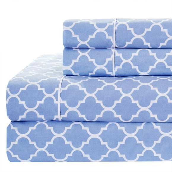 Meridian Periwinkle and White Brushed Sateen Cotton Sheets, 5pc Adjustable Split Cal King, Bed Sheet Set 100-Percent Cotton, Superior Sateen Weave, Crispy Soft, Deep Pocket