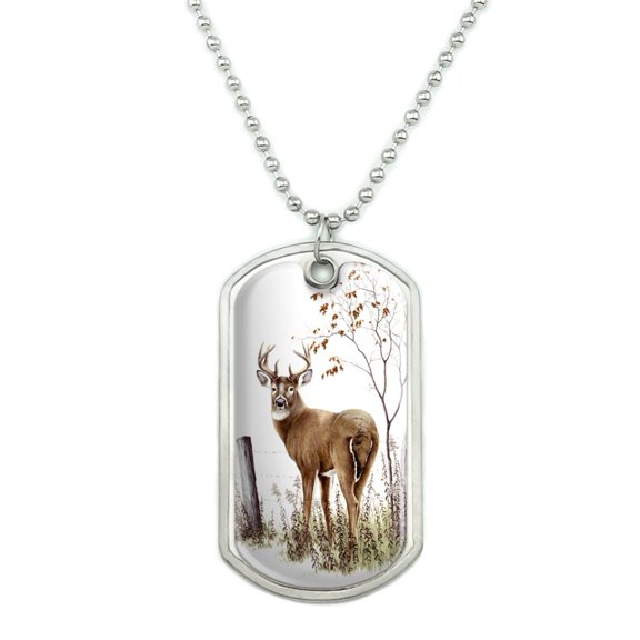 Deer Buck at the Fence Military Dog Tag Pendant Necklace with Chain