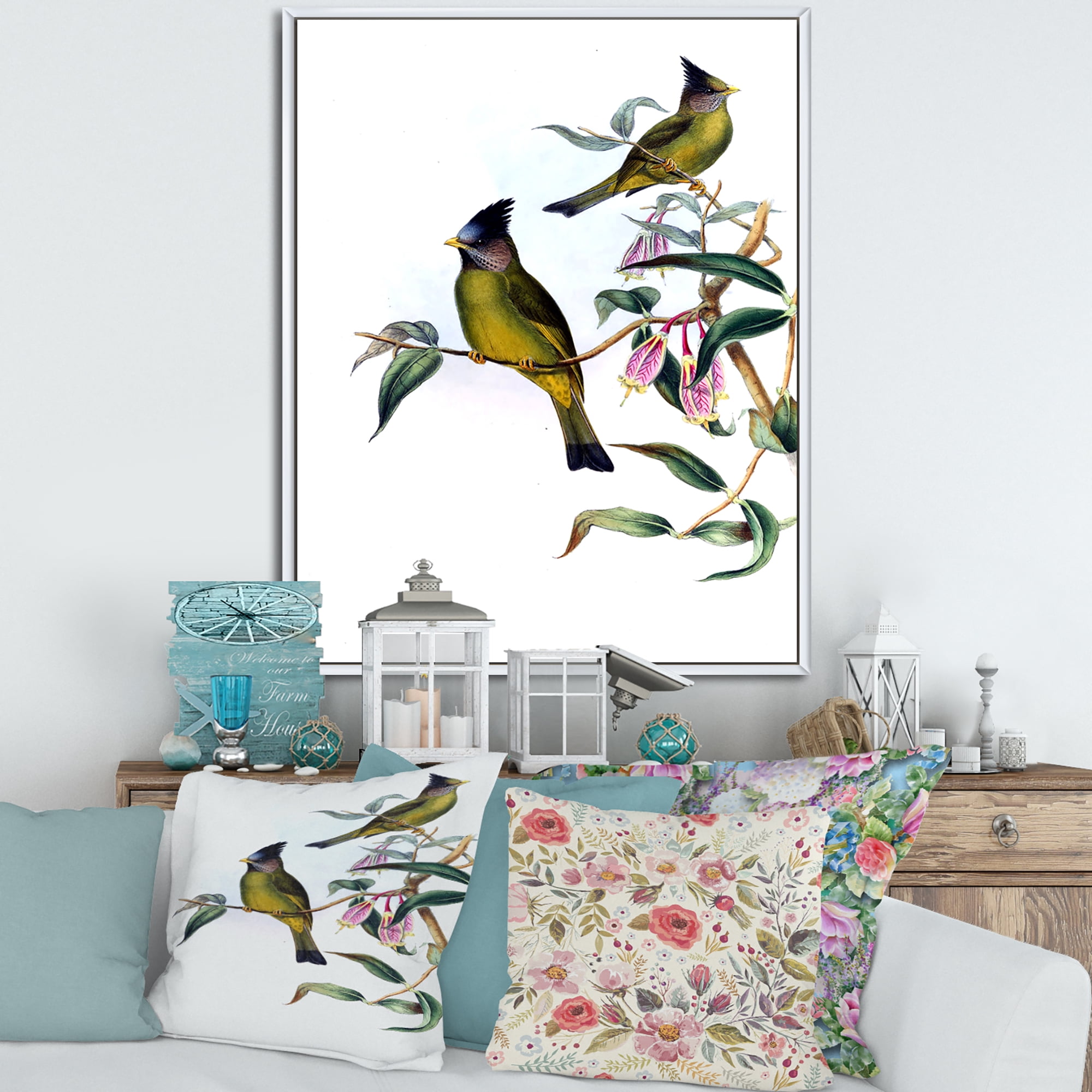 Designart 'Vintage Countryside Birds On Branch II' Farmhouse Framed Canvas Wall Art Print