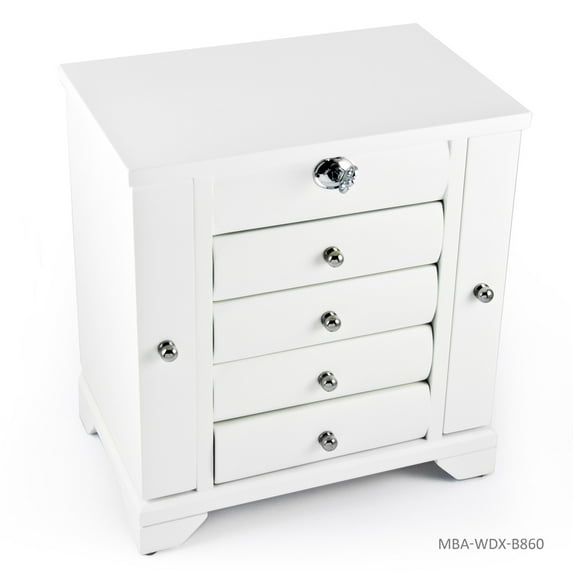 Contemporary 30 Note Matte White Spacious Musical Jewelry Box with Silver Hardware - God Bless America