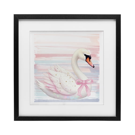 Pink Swan with Ribbon Black Framed Print Under Glass, design by Kim Allen