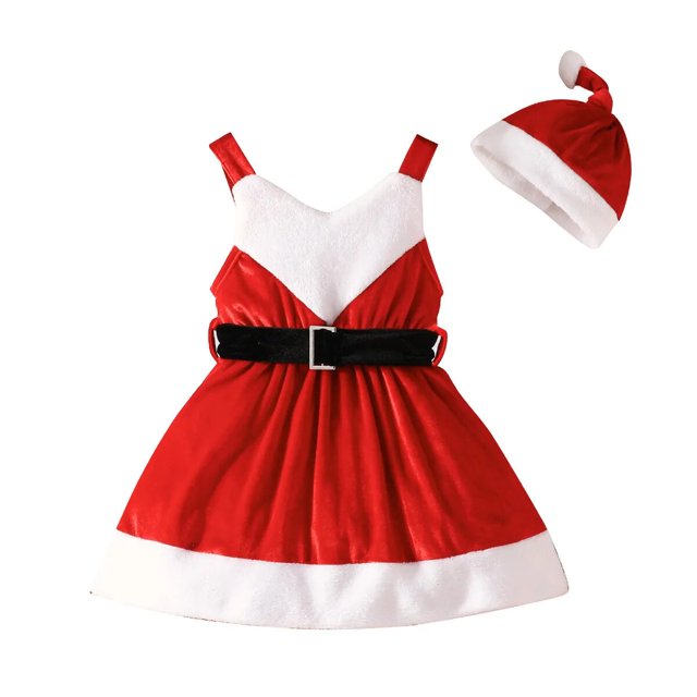 Vestido de encaje blanco y rojo vino para niños, chaleco con cinturón, sombrero de Navidad, moda navideña, novedad de 2023