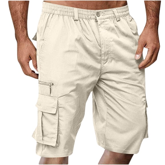 CIAKGIAF Shorts for Men Button Cargo Shorts,with Pockets Zipper Front 5 Inch Beige Elastic Waist Shorts,Size L