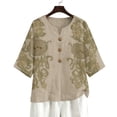 thumbnail image 4 of Craaazy Women's Oversize 3/4 Sleeve Cotton and Linen Shirts Floral Prints Breathable Loose Fit V-neck Button Clothes (S-2XL) Gifts, 4 of 8