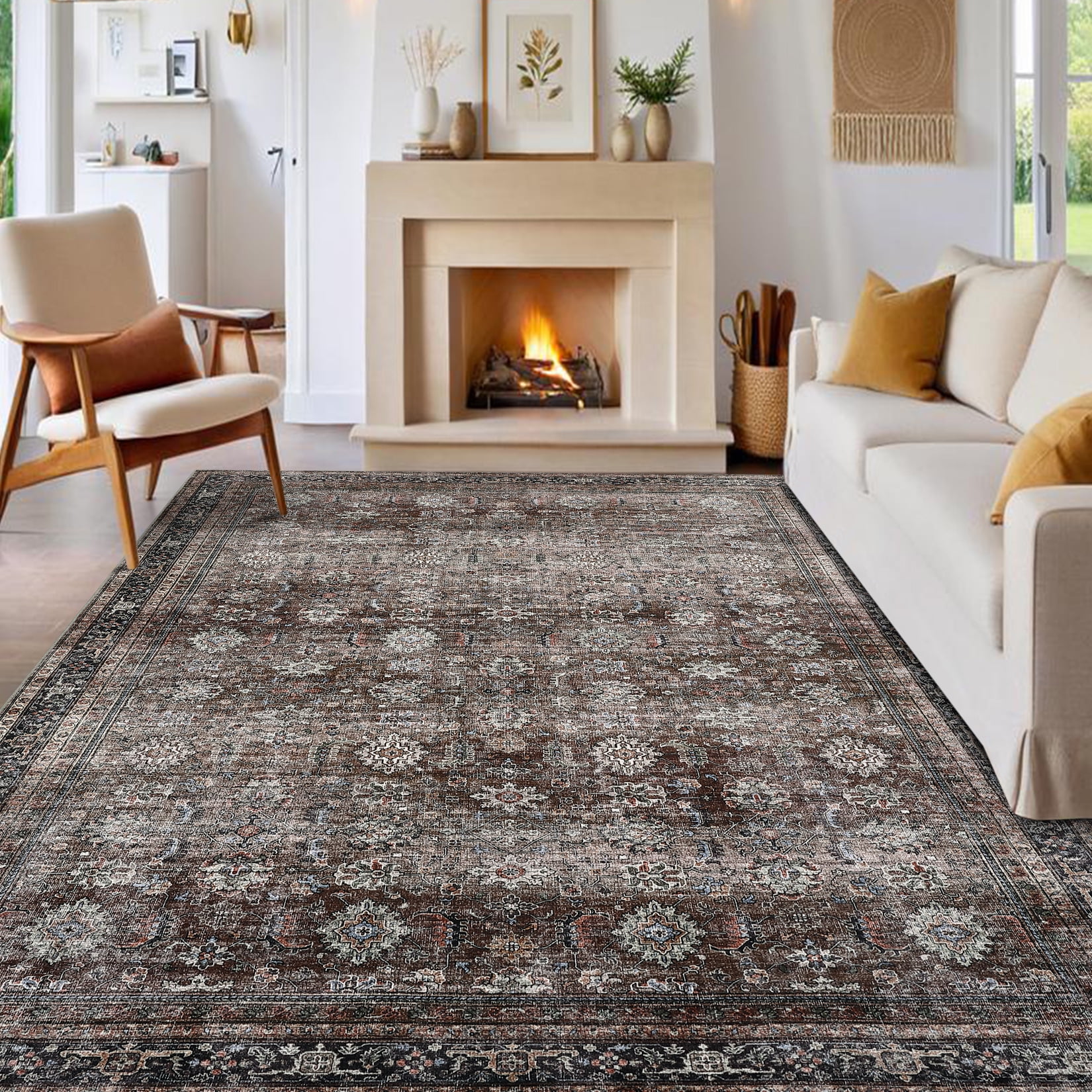 Hasoo Washable Rug 10' x 13' Rugs for Living Room Vintage Floral Farmhouse Indoor Non Slip Large Carpet for Bedroom, Brown