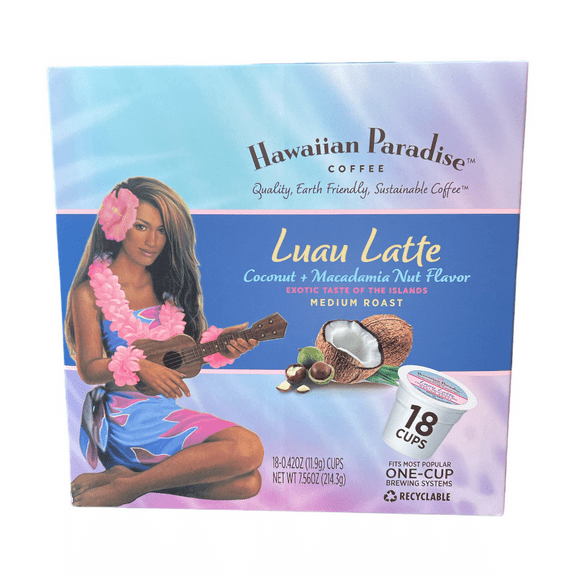 Hawaiian Paradise Coffee Luau Latte Coconut & Macadamia Nut Flavor Single Serve Cups -18 Cups – Compatible with Keurig K-Cup Brewers