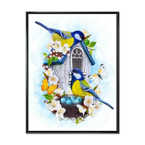 Designart 'Two Tit Birds Sitting Near The Nest With Eggs and White Flowers I' Traditional Framed Canvas Wall Art Print