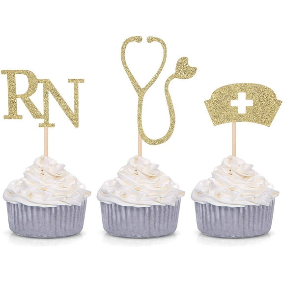 12pcs Medical Theme Cupcake Toppers Nursing Nurse School Graduation Party Decorations - Gold