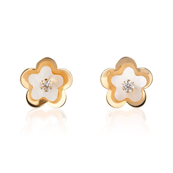Aretes de oro 14k GIALLO Broquel Agua de flor de oro amarillo brillante con madre perla y circonia