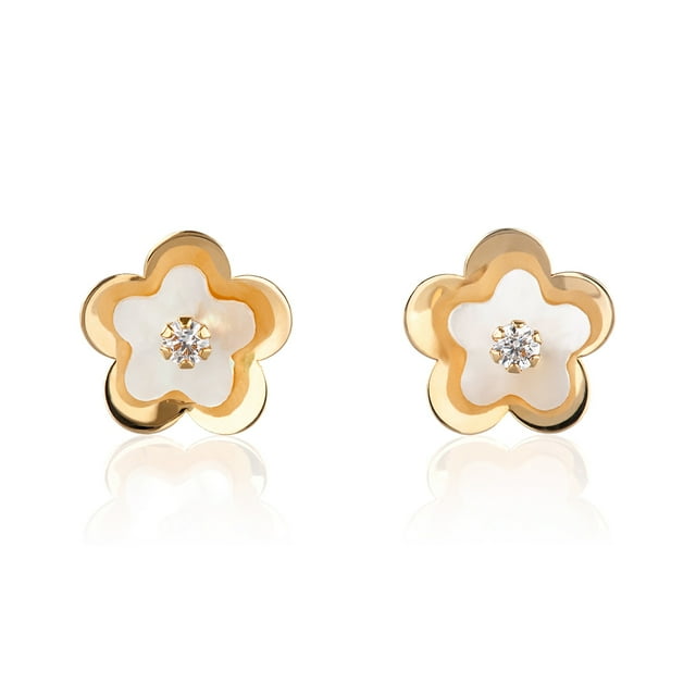 Aretes de oro 14k GIALLO Broquel Agua de flor de oro amarillo brillante con madre perla y circonia