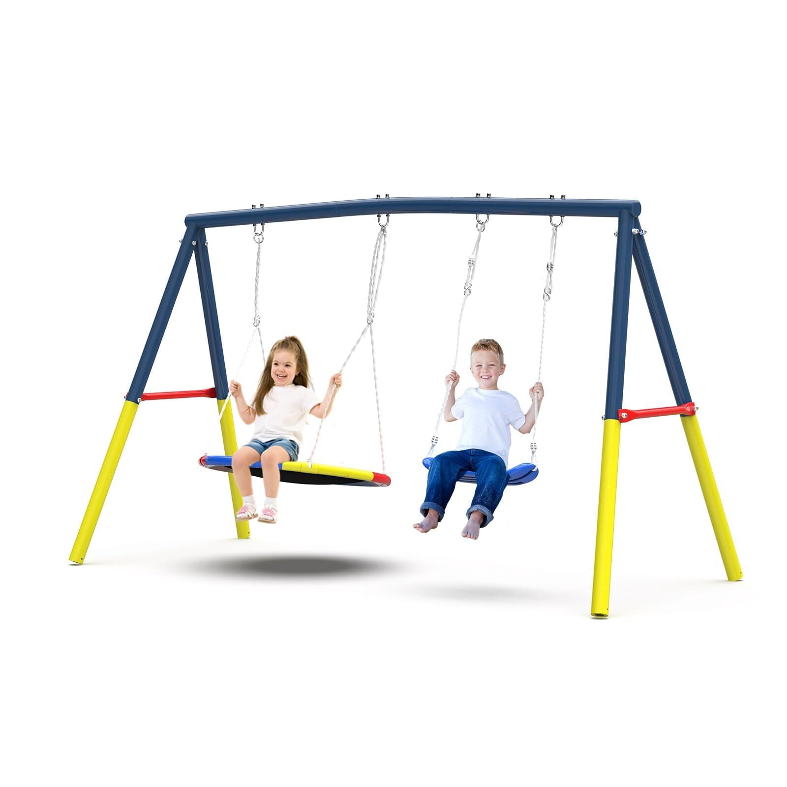 Swing Sets for Outside Backyard, Metal Toddler Swing with Heavy-Duty A-Frame, Outdoor Swing Stand with 1 Saucer Swing Seat & 1 Belt Swings Seat, 440LBS, Blue