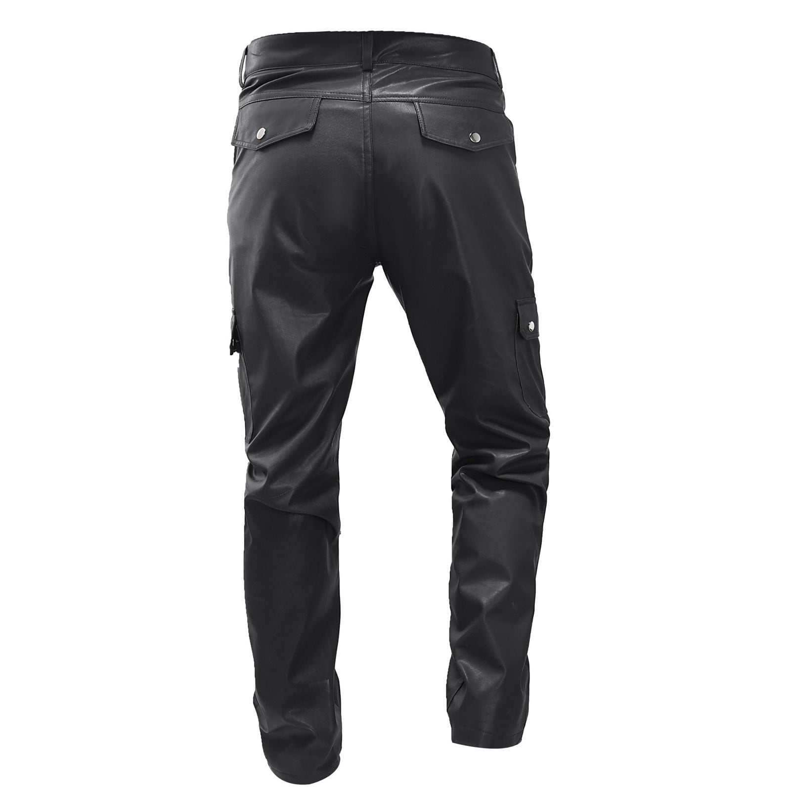 cllios Men's Faux Leather Pants Steampunk Goth Pants Multi Pockets Slim Fit Leather Pants Trousers for Men Motor Biker Hip Hop Trousers Black M