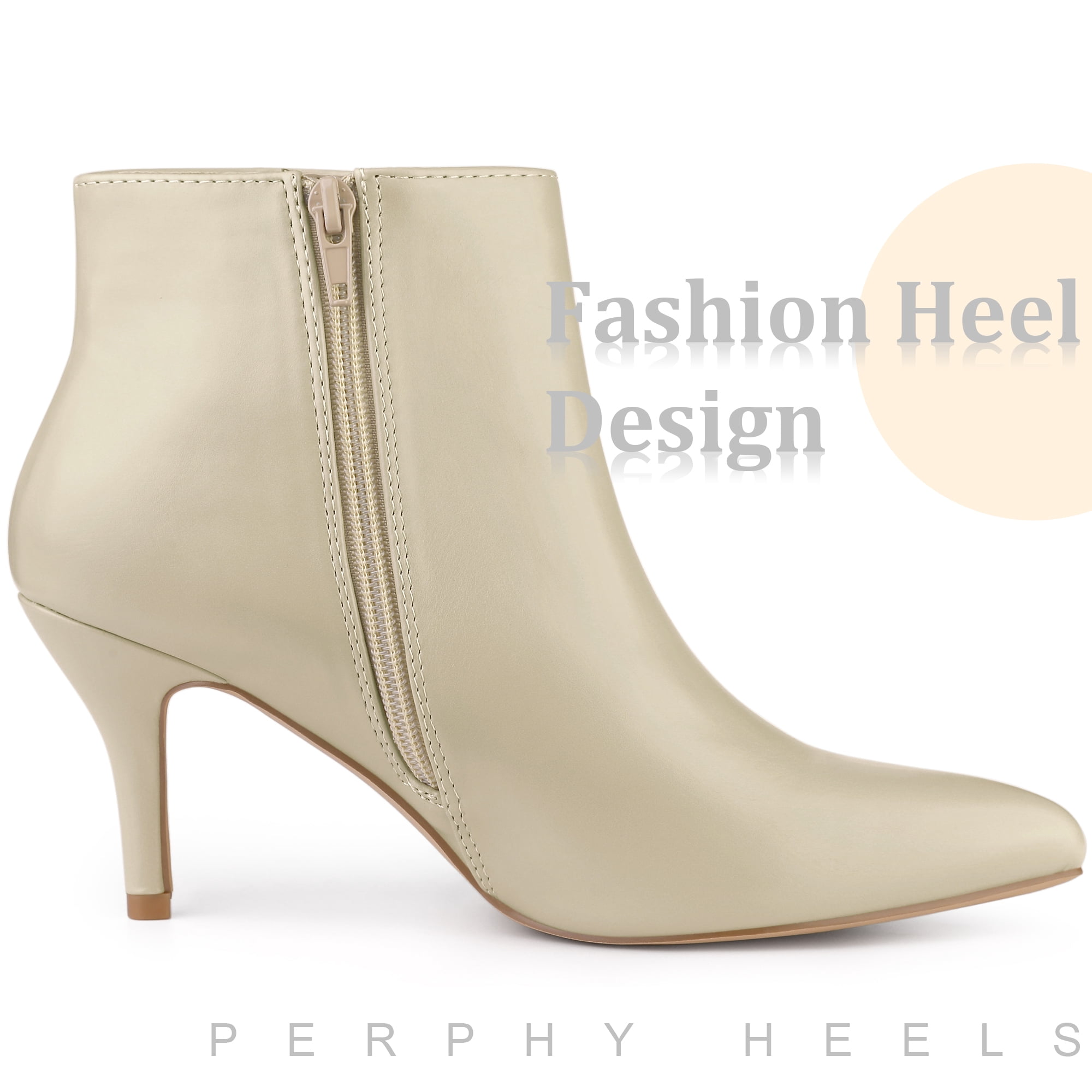 Unique Bargains Women's Side Zipper Pointed Toe Stiletto Heel Ankle Boots Beige 7