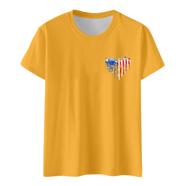 Hauts d'Été pour Femmes Jour de l'Indépendance Drapeau Col Rond Imprimé Lettre Manches Courtes T-Shirts pour Femmes Jaune m