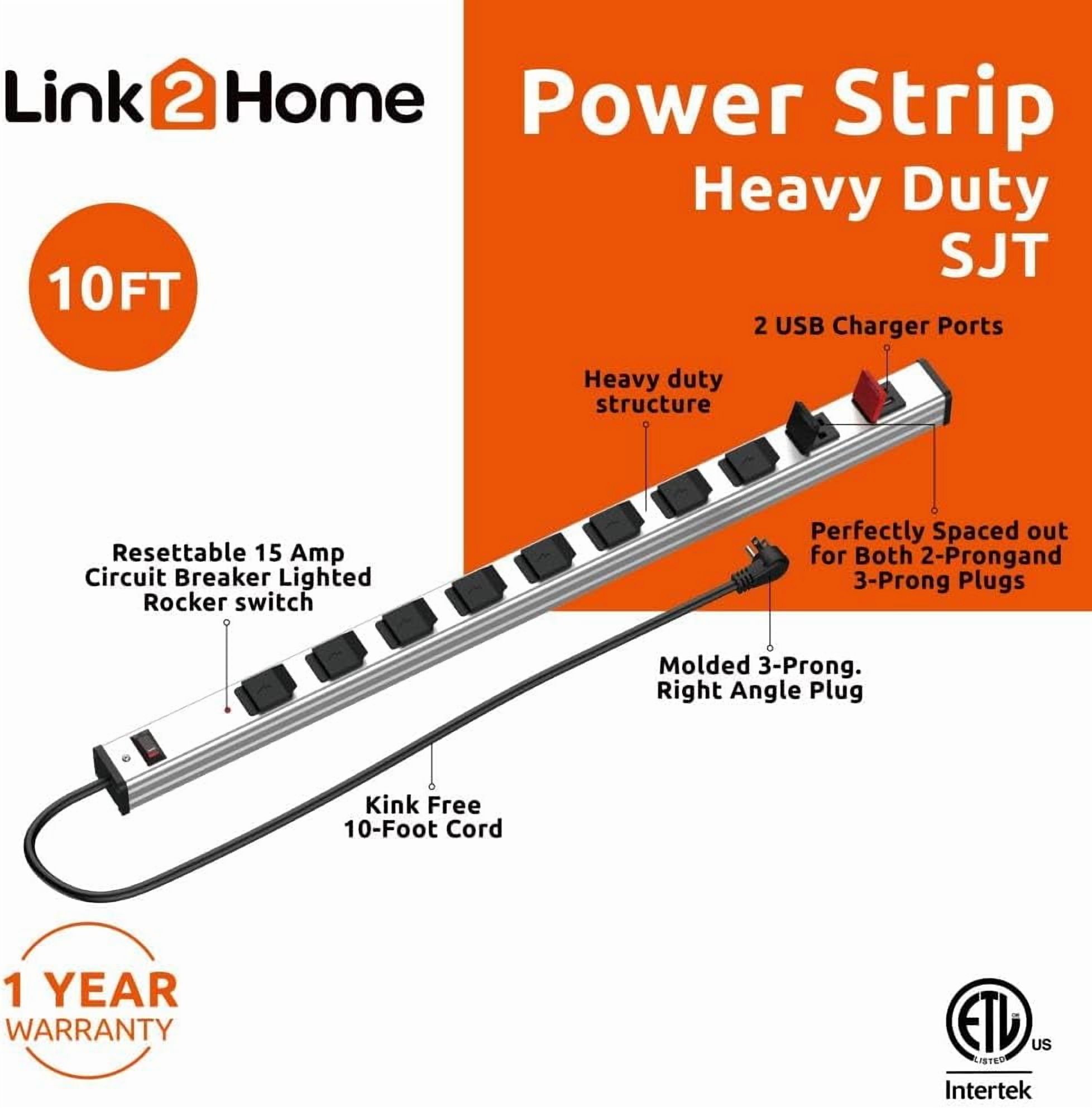 Link2Home 9 Outlets 2 USB Heavy Duty Metal Socket Power Strip,10-Foot Long Extension Cord with Circuit Breaker. Mounting Brackets Included, Workshop/Industrial use
